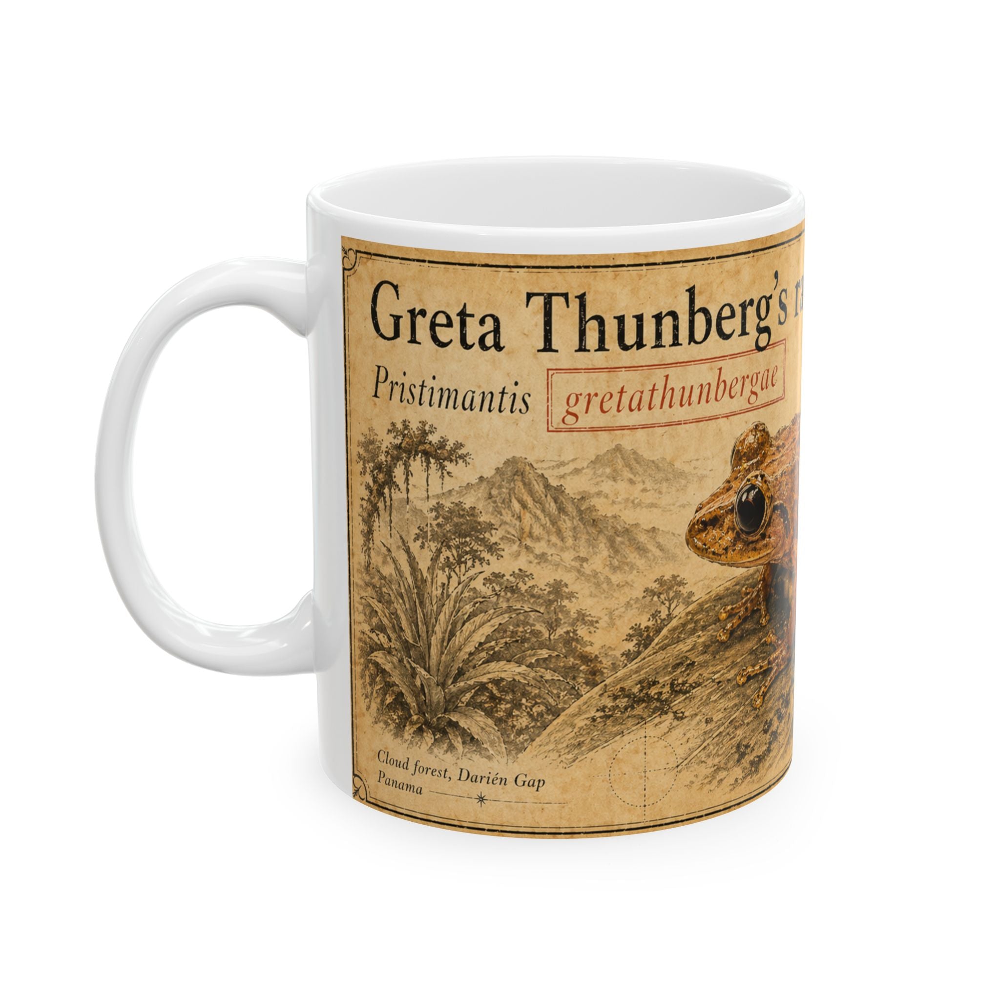 Greta Thunberg's rainfrog Illustration Ceramic Mug – Vintage Natural History Greta Thunberg's rainfrog (Pristimantis gretathunbergae) Art, 11oz & 15oz